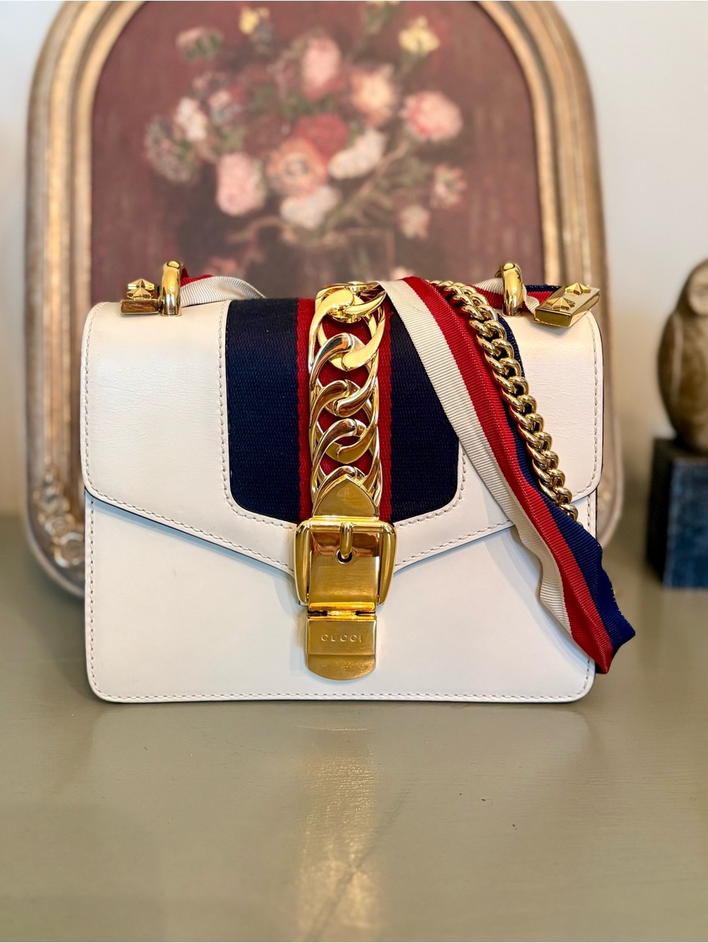 Gucci White Leather Shoulder Bag with Navy & Red Stripe and Gold Hardware